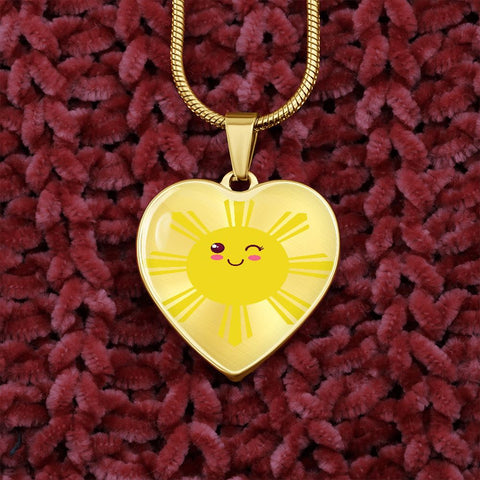 Cute Winking Filipino Sun in Heart Necklace Jewelry Luxury Necklace (Gold) No 