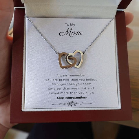 Interlocking Hearts Necklace w/To Mom From Daughter Message Card "Always Remember" Jewelry Mahogany Style Luxury Box (w/LED) 