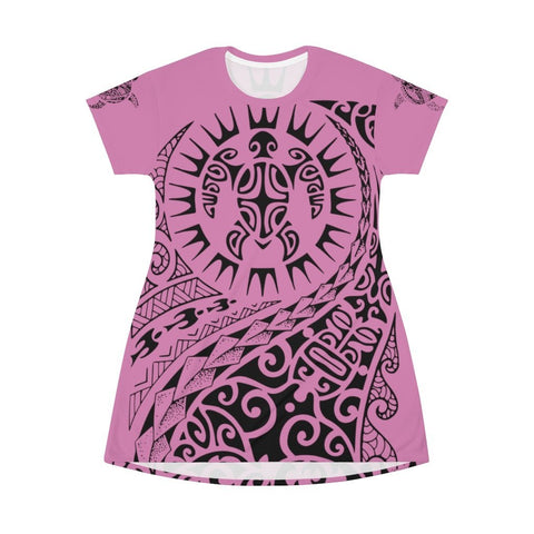 Turtle Tribal Tattoo - All Over Print T-Shirt Dress (Pink) All Over Prints 
