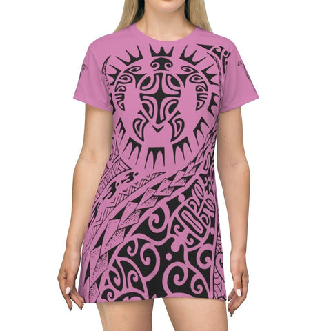 Turtle Tribal Tattoo - All Over Print T-Shirt Dress (Pink) All Over Prints XL 